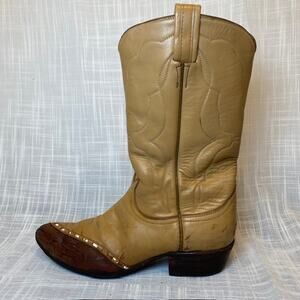 Vintage TONY LAMA Tan with Lizard Tip Embroidered Cowboy Western Boots Women 7.5